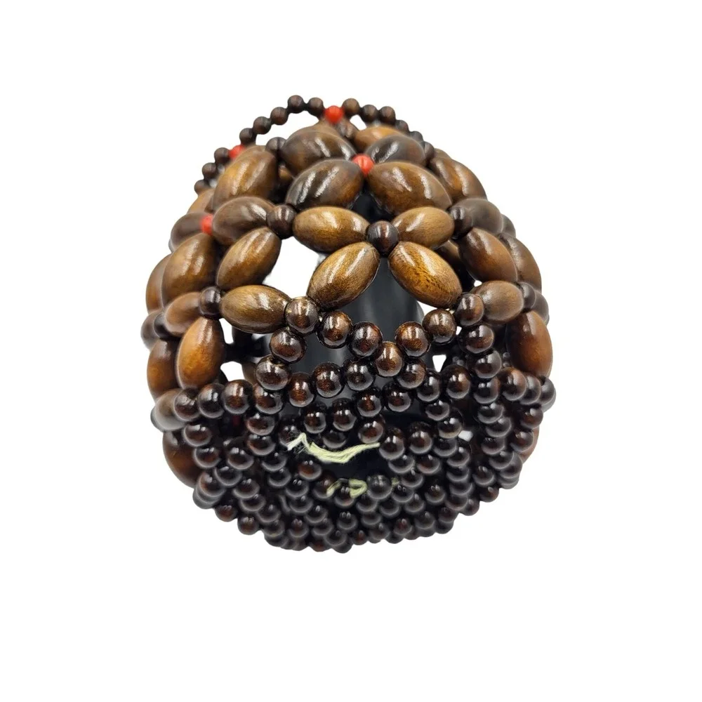 Wood Bead Flower Planter Vase w/ Insert Vintage 70s Mid Century‎ Modern Boho